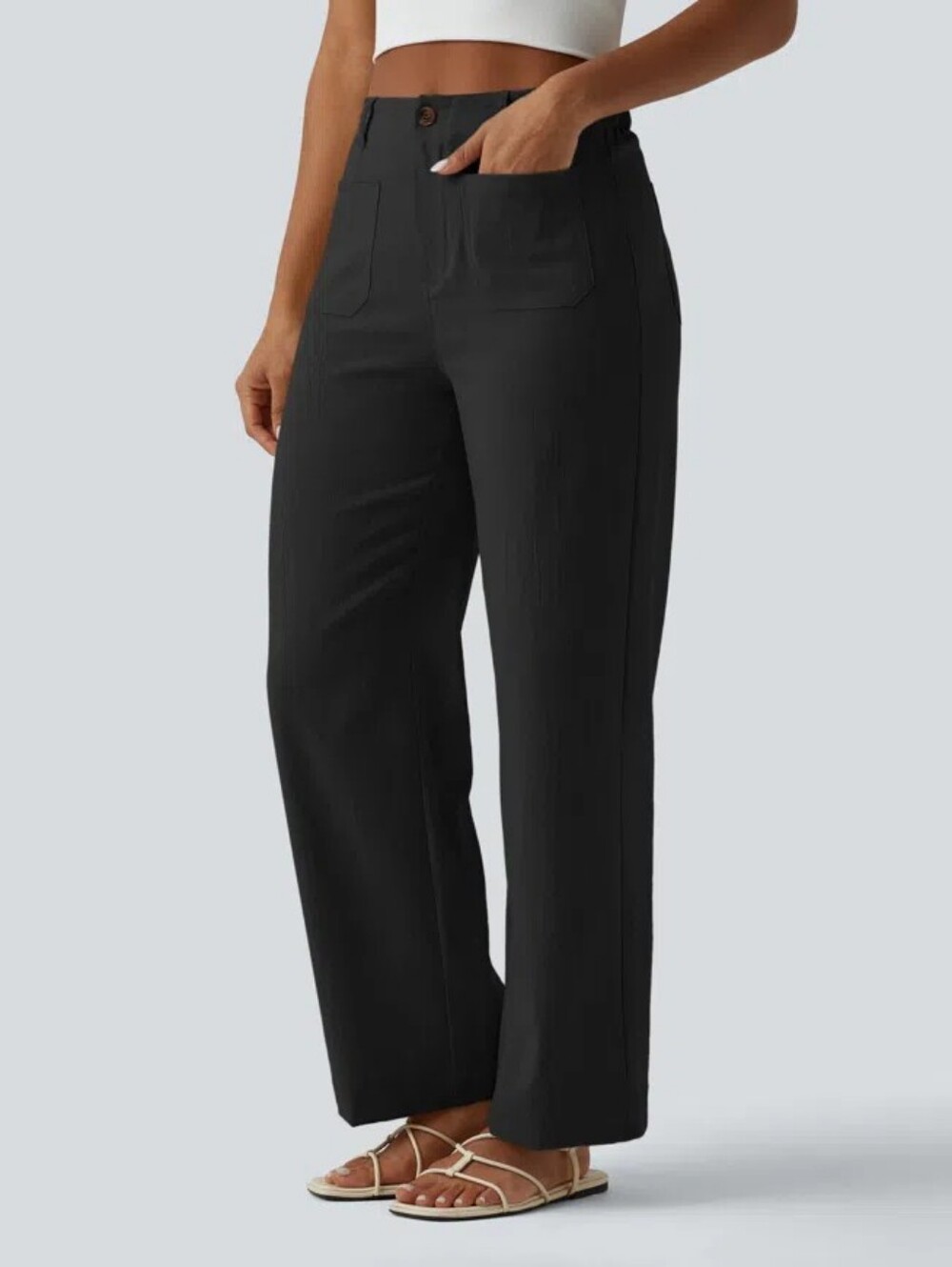 NEW Halara High-Waisted Straight Leg Casual Linen-Feel Pants w/ Pockets Sz M Blk